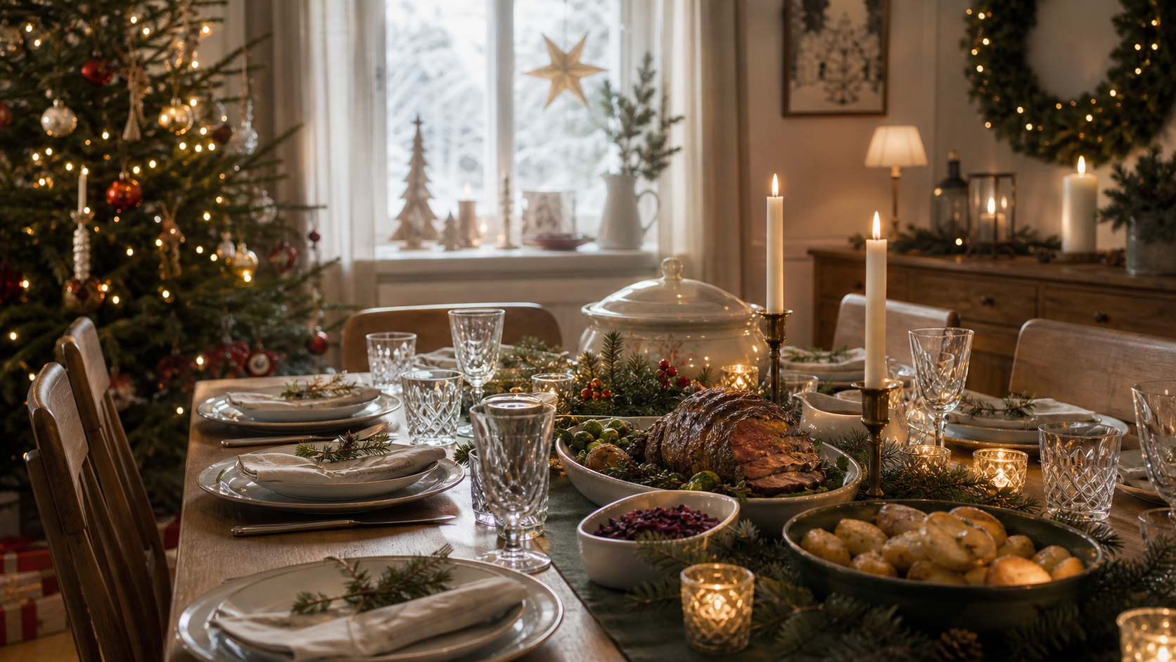 German Christmas Day dining table with candles and festive food