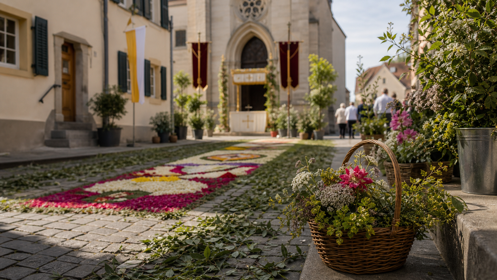 Corpus Christi procession street in southern Germany with flowers