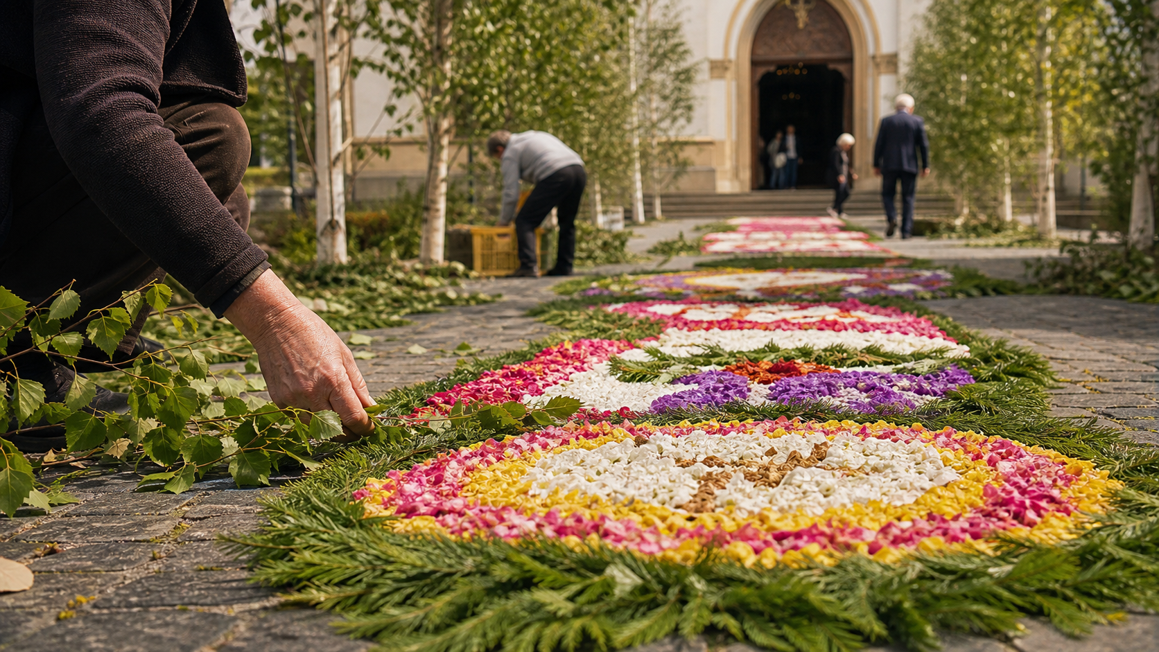 Flower-decorated Corpus Christi street in southern Germany