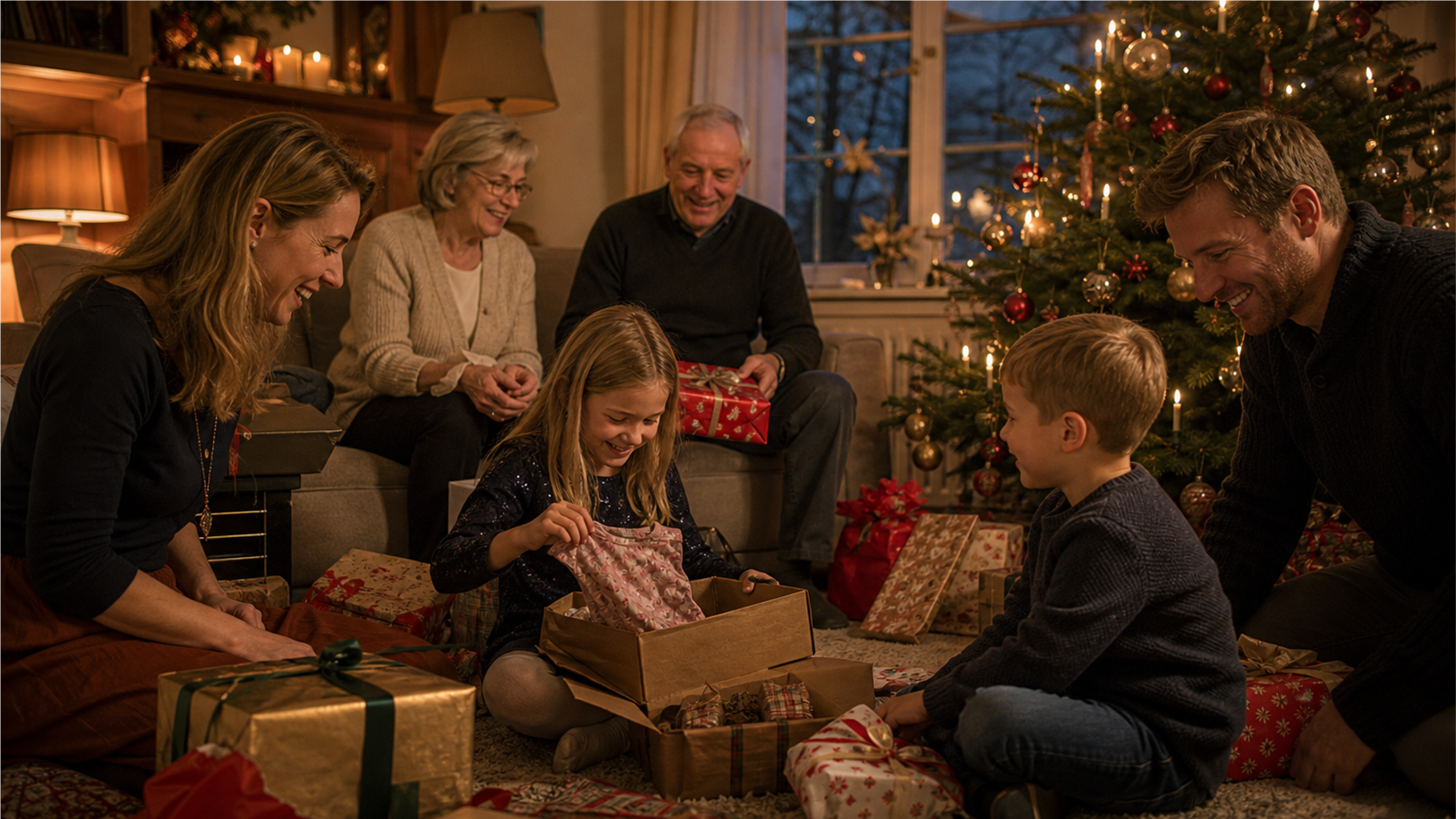German Christmas Eve living room with tree and gifts