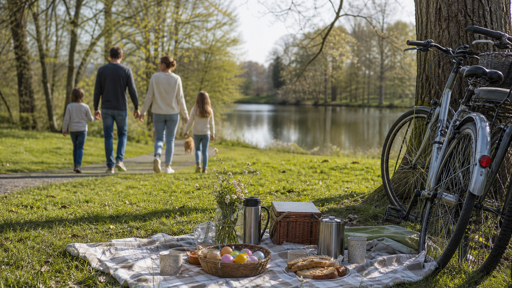 Family walk in a German park on Easter Monday