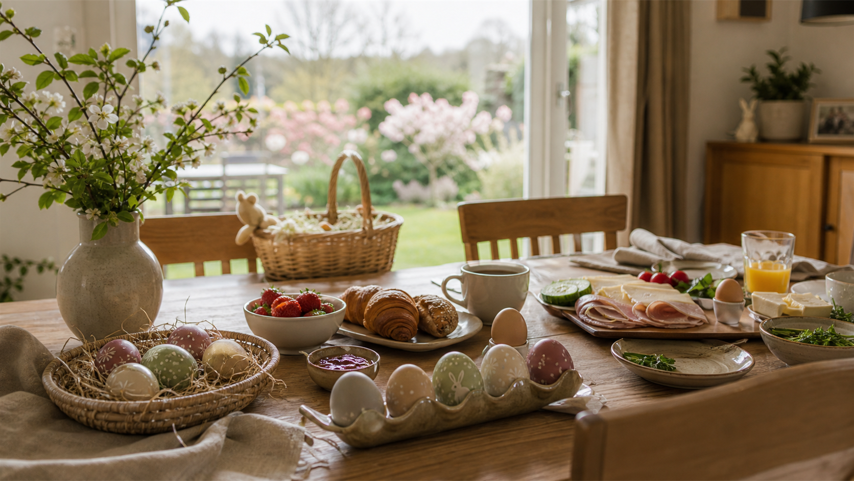 German Easter breakfast table with painted eggs and spring flowers