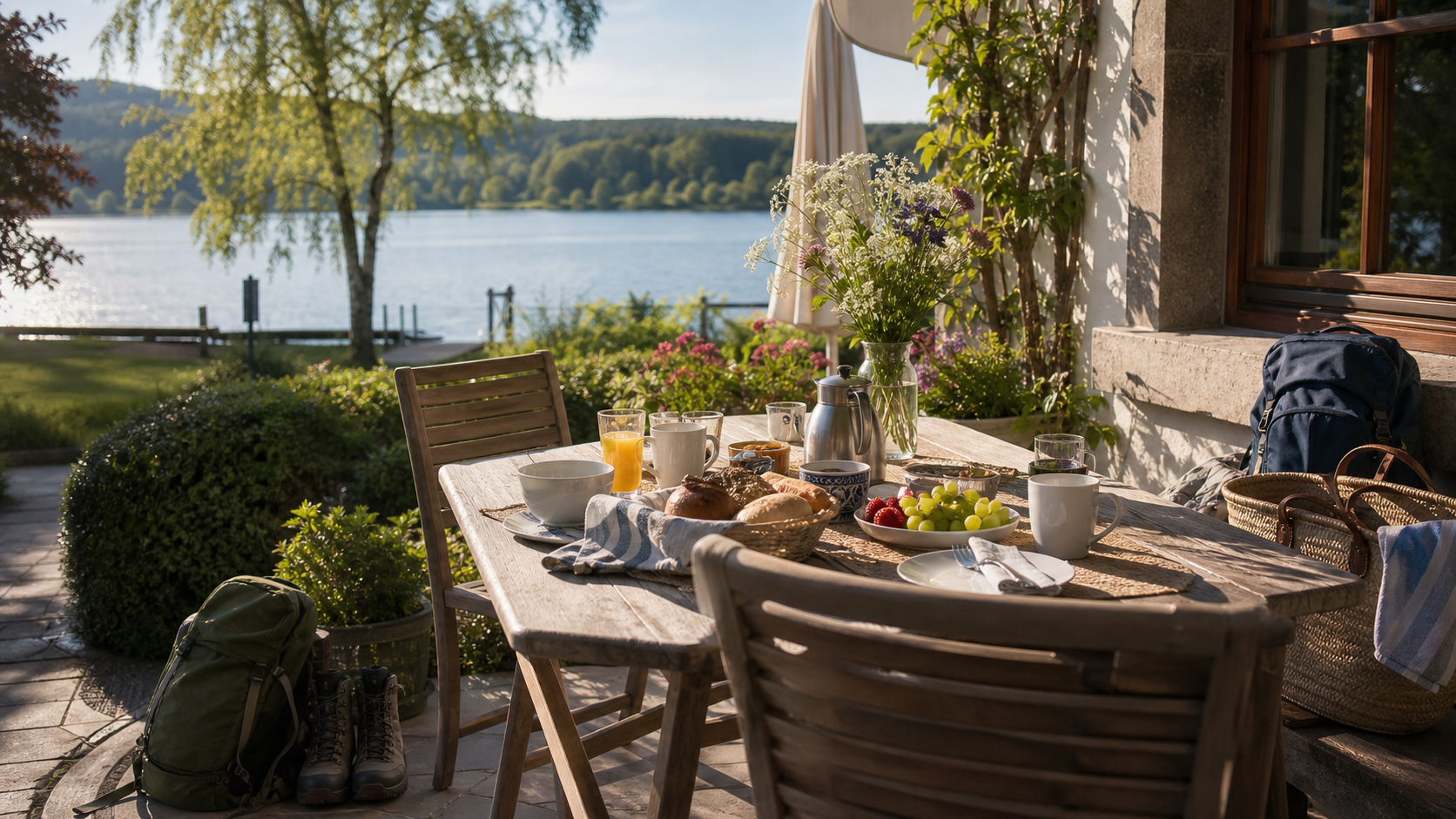 Early-summer lake guesthouse terrace on Whit Monday in Germany