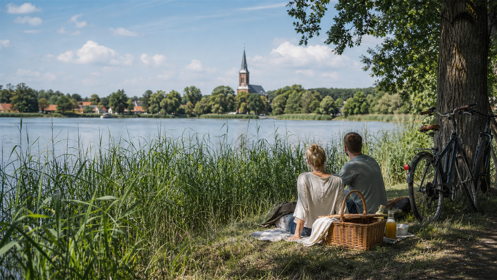 Family walk near a German lake on Whit Sunday