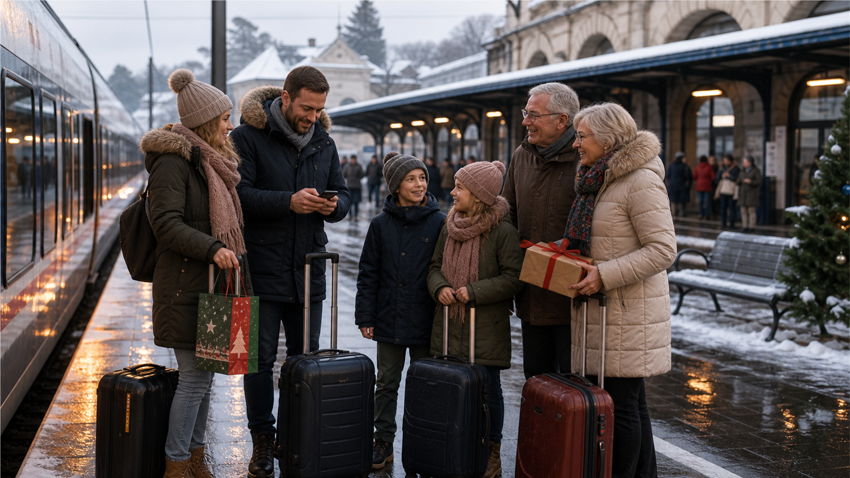 German winter return travel scene after Christmas with suitcase